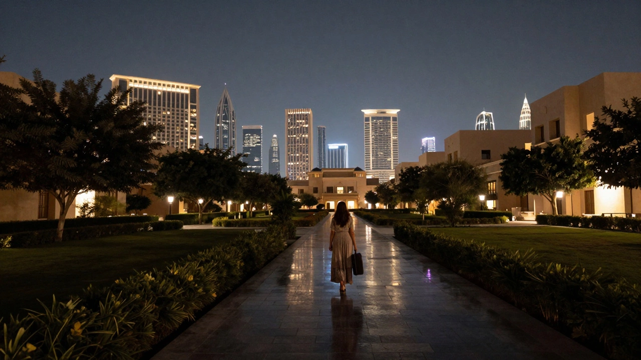 A solitary woman walking at night in a private Dubai garden, the city skyline glowing softly in the background.