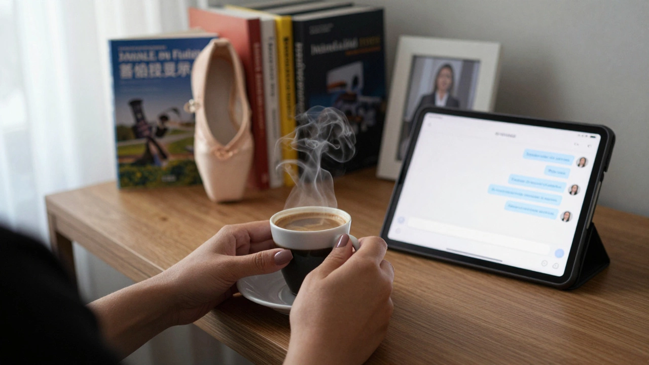 A woman&#039;s hands holding coffee beside a tablet in a cozy room, with ballet slippers and multilingual books nearby.