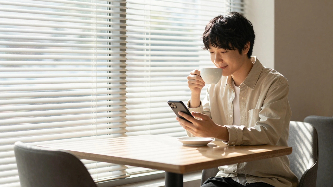 Someone sitting quietly at a café, smiling with quiet confidence after asserting themselves.