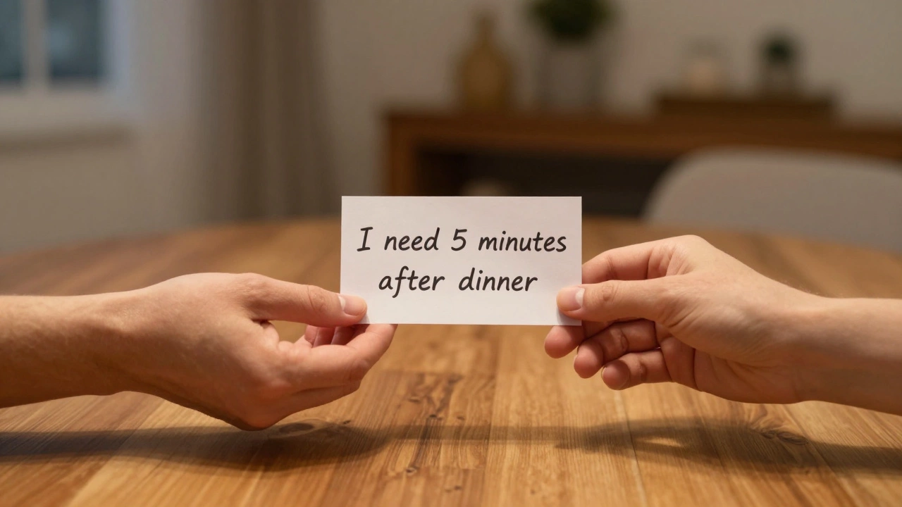 Two hands exchanging a clear, written request across a wooden table.